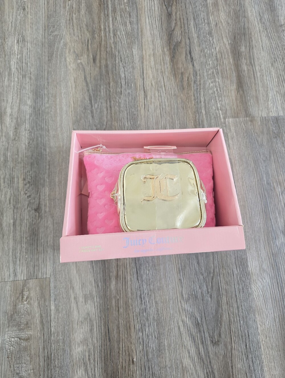 Juicy Couture Pink Heart Pattern Cosmetic Pouch with Gold Mini Case
